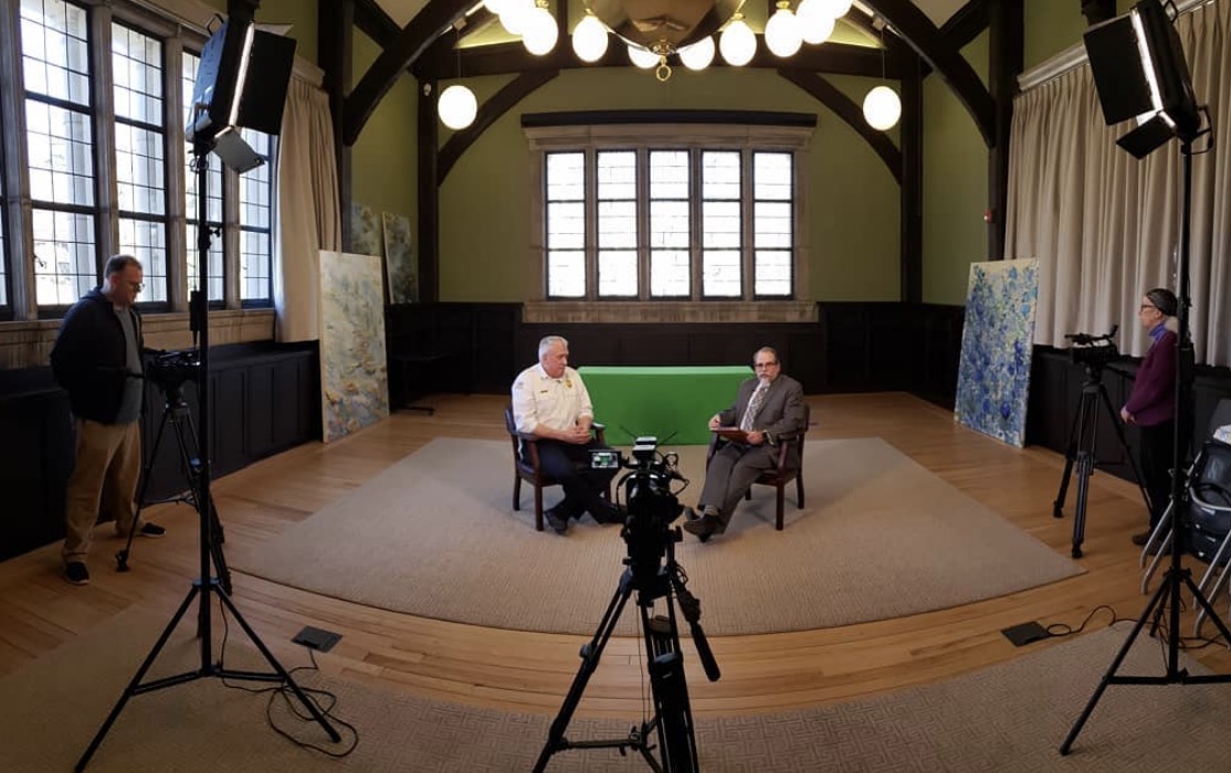 Interview in Old Library reading room.